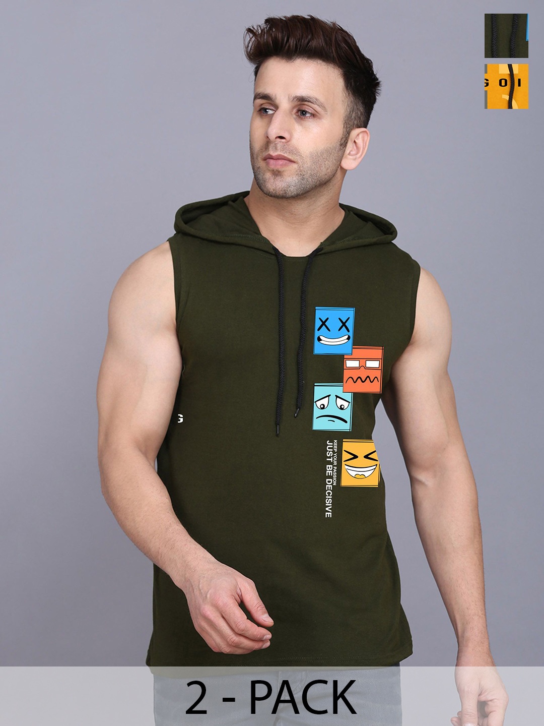 

SLOWLORIS Men Pack Of 2 Hooded Graphic Printed T-shirts, Olive