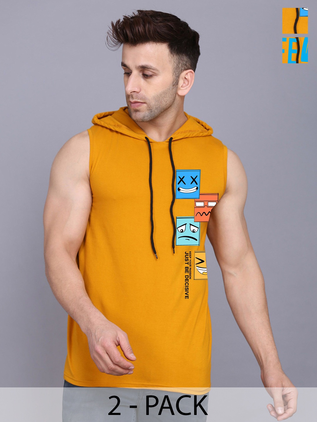 

SLOWLORIS Men Pack Of 2 Hooded Graphic Printed T-shirts, Mustard