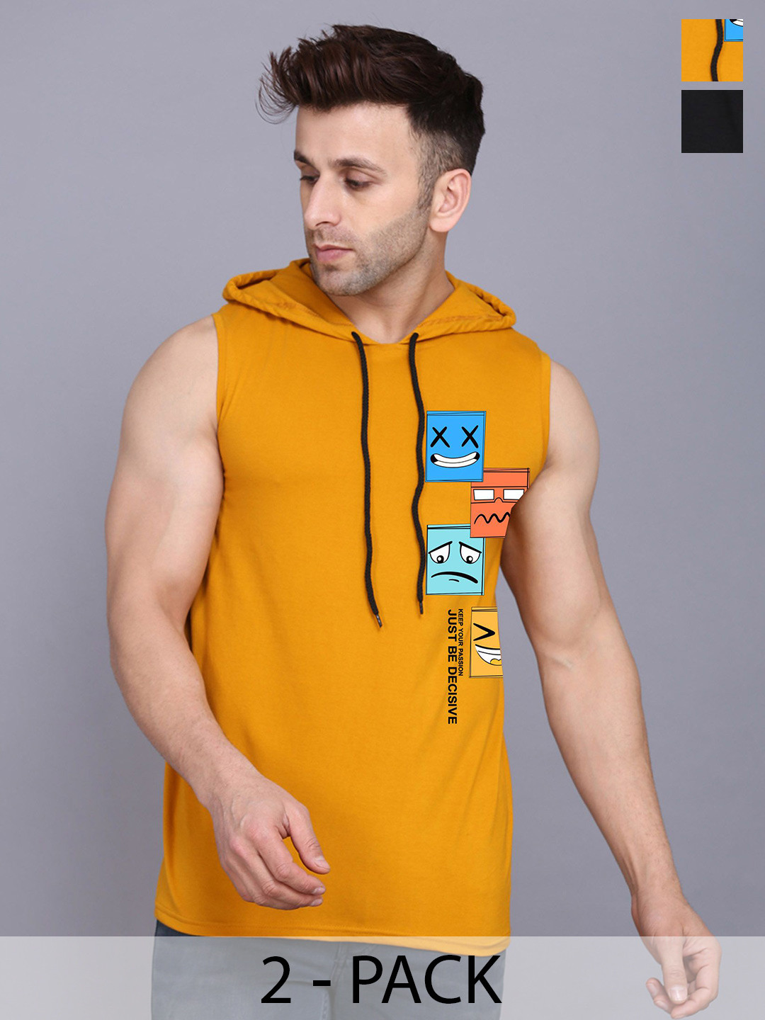 

SLOWLORIS Men Typography 2 Printed Hooded Applique T-shirt, Mustard