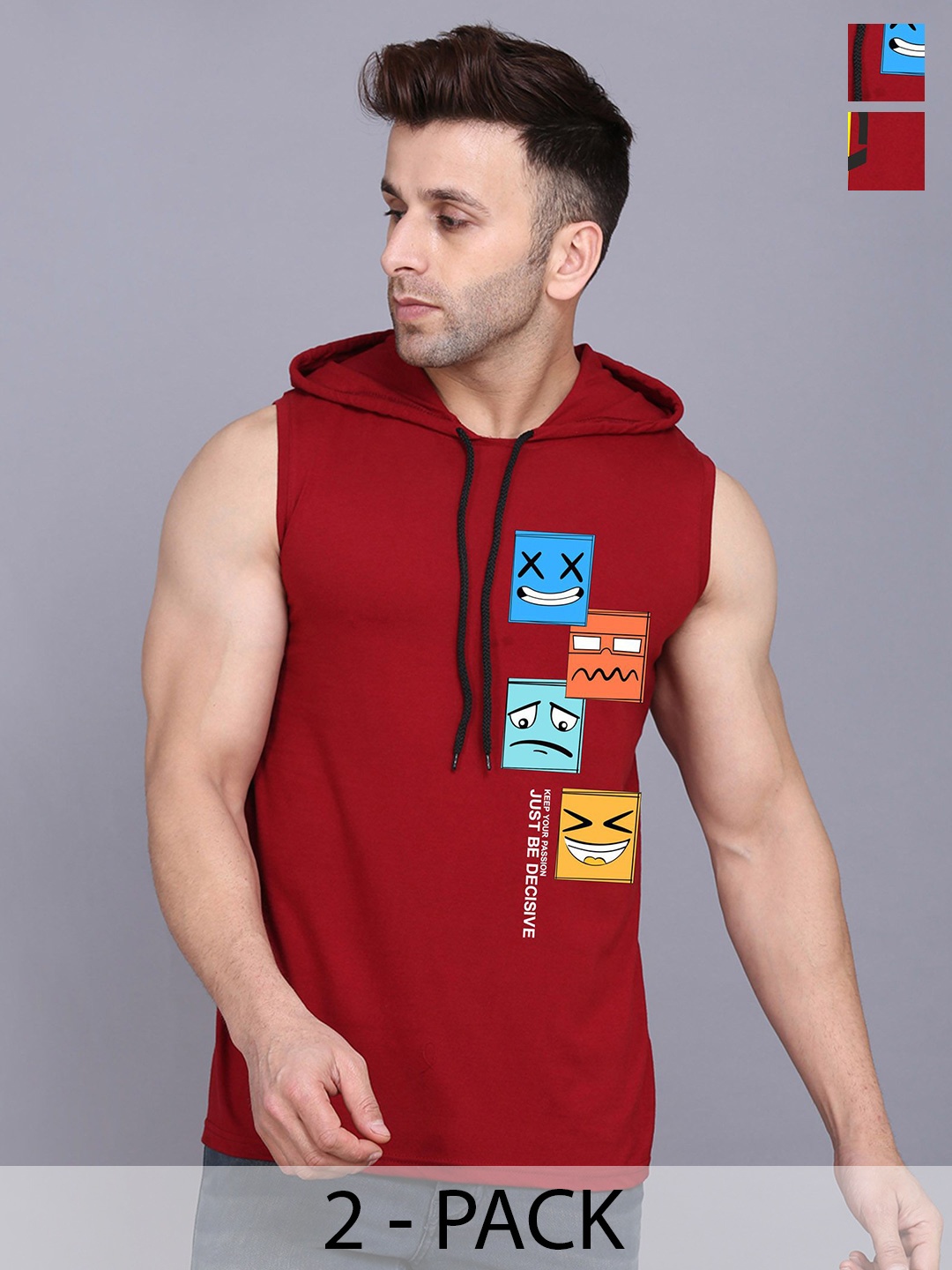 

SLOWLORIS Men 2 Printed Hooded Applique T-shirt, Maroon