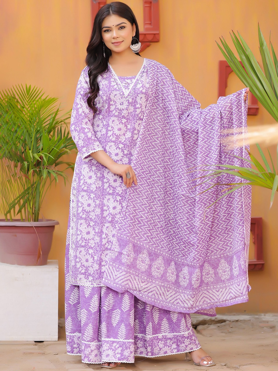 

PARTHVI Women Floral Printed Regular Thread Work Kurta with Skirt & With Dupatta, Purple