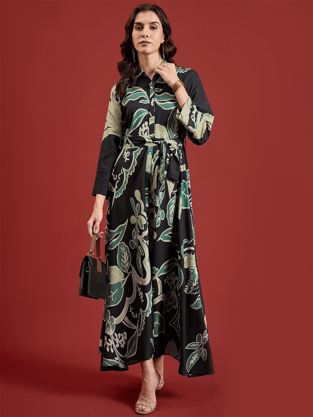 

all about you Tropical Print Coller Neck Maxi A Line Dress, Green