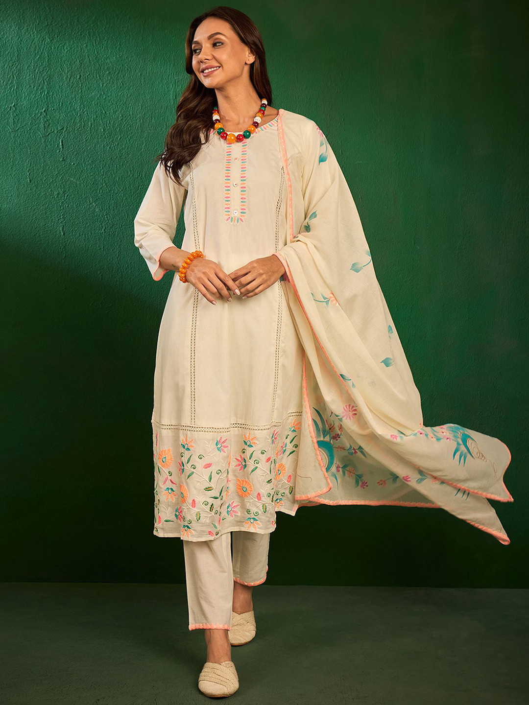 

Sangria Cream Embroidered Pure Cotton Straight Kurta With Trouser & Dupatta