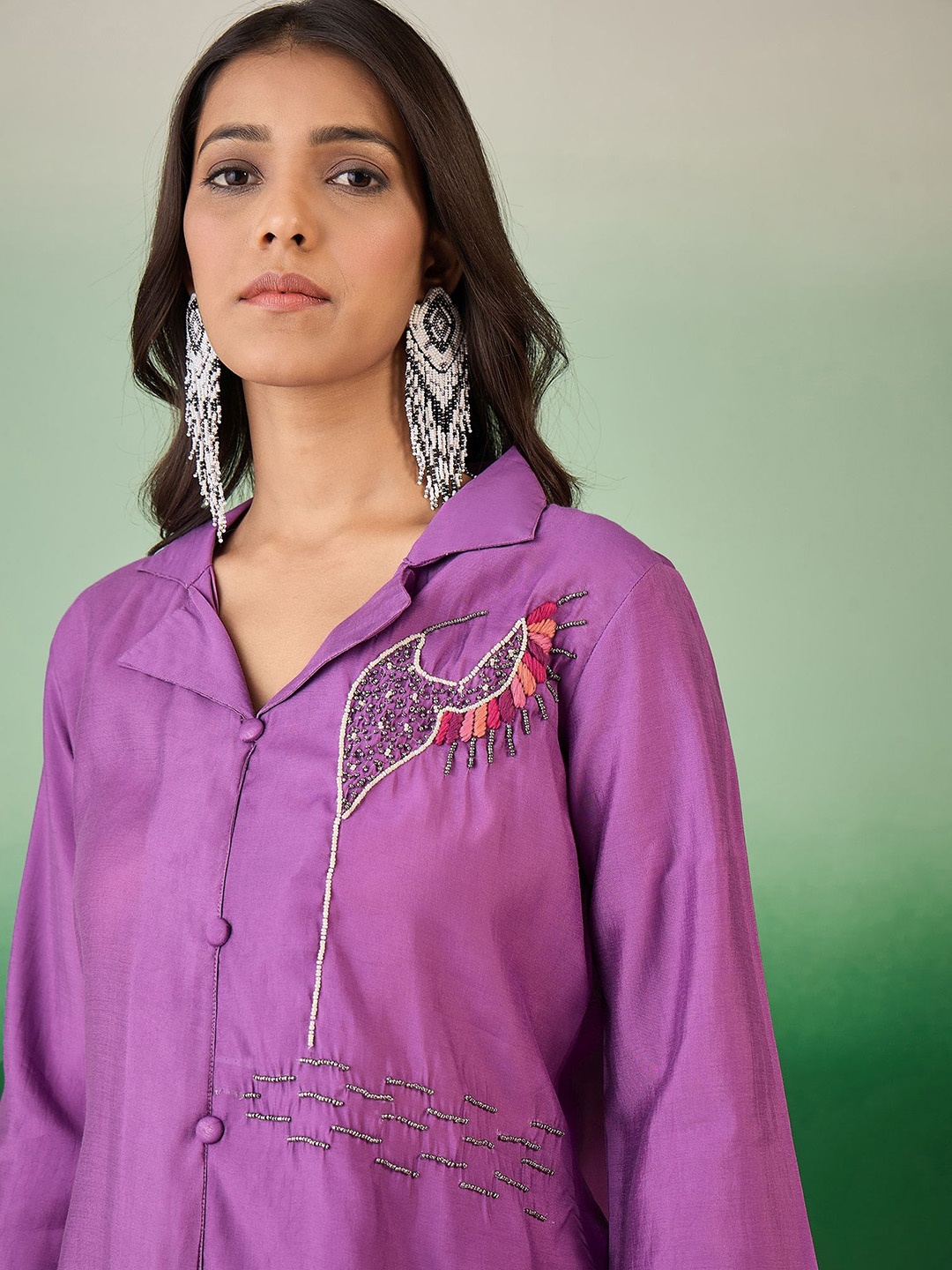 

Sangria Embellished Mirror Work Ethnic Tunic With Trousers, Purple