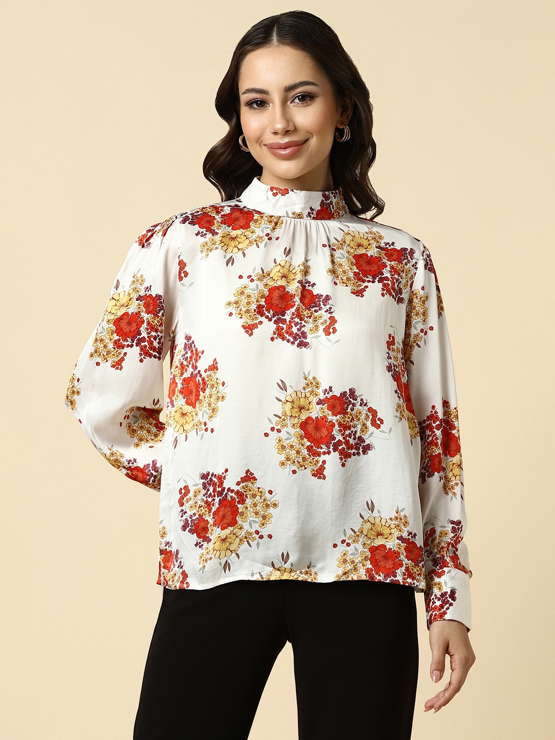 

Allen Solly Woman Floral Print Choker Neck Puff Sleeve Top, White