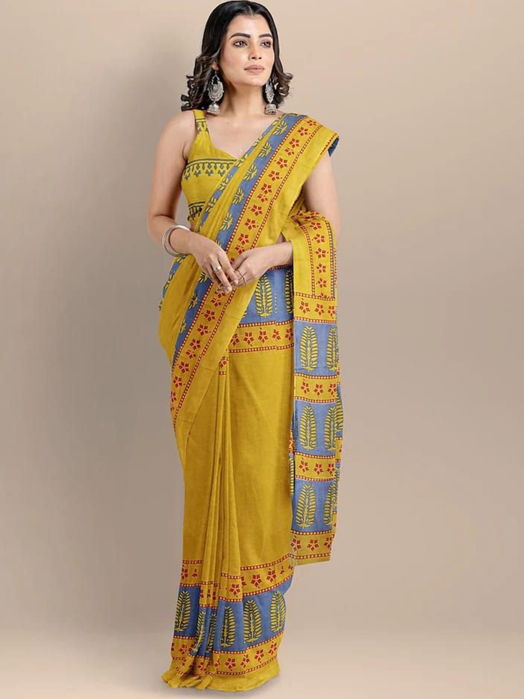 

JAIPURI PRINT Ethnic Motif Pure Cotton Block Print Saree, Mustard