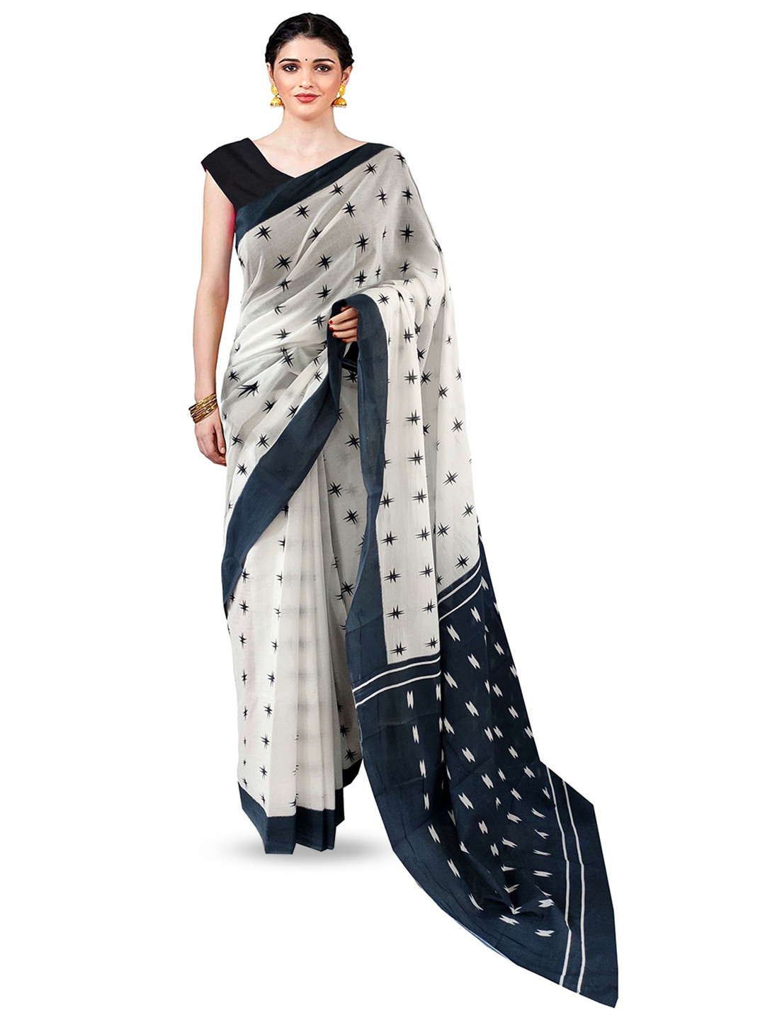 

JAIPURI PRINT Pure Cotton Block Print Solid Border Saree, Black