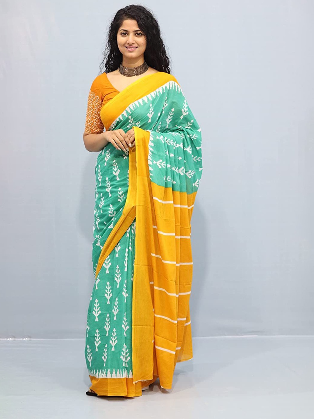 

JAIPURI PRINT Ethnic Motif Pure Cotton solid Border Saree, Sea green