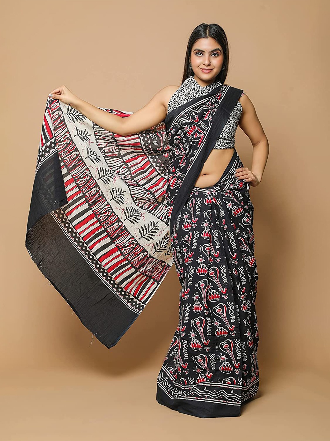 

JAIPURI PRINT Ethnic Motif Pure Cotton Saree, Black