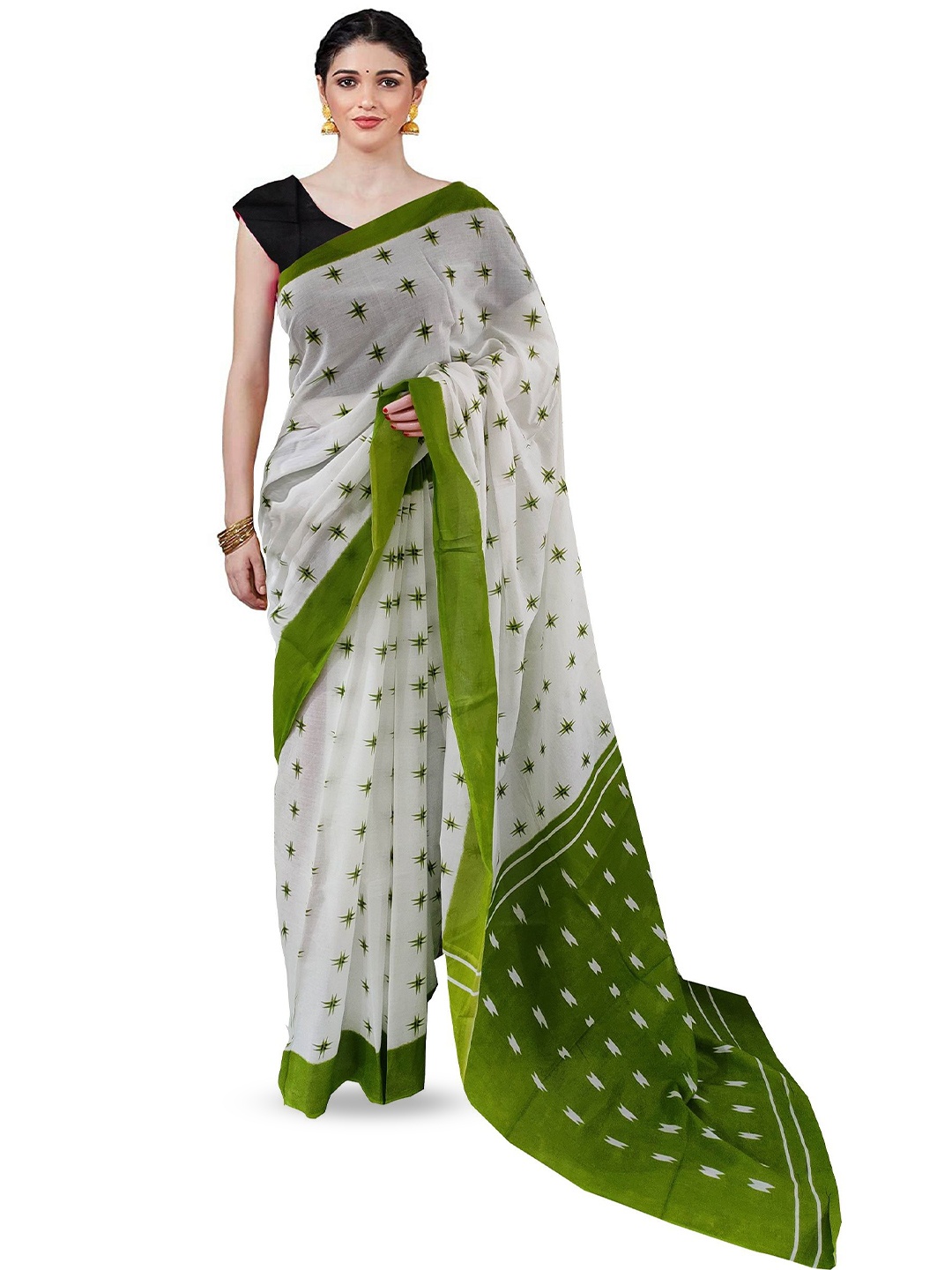 

JAIPURI PRINT Pure Cotton Block Print Solid Boder Saree, Green