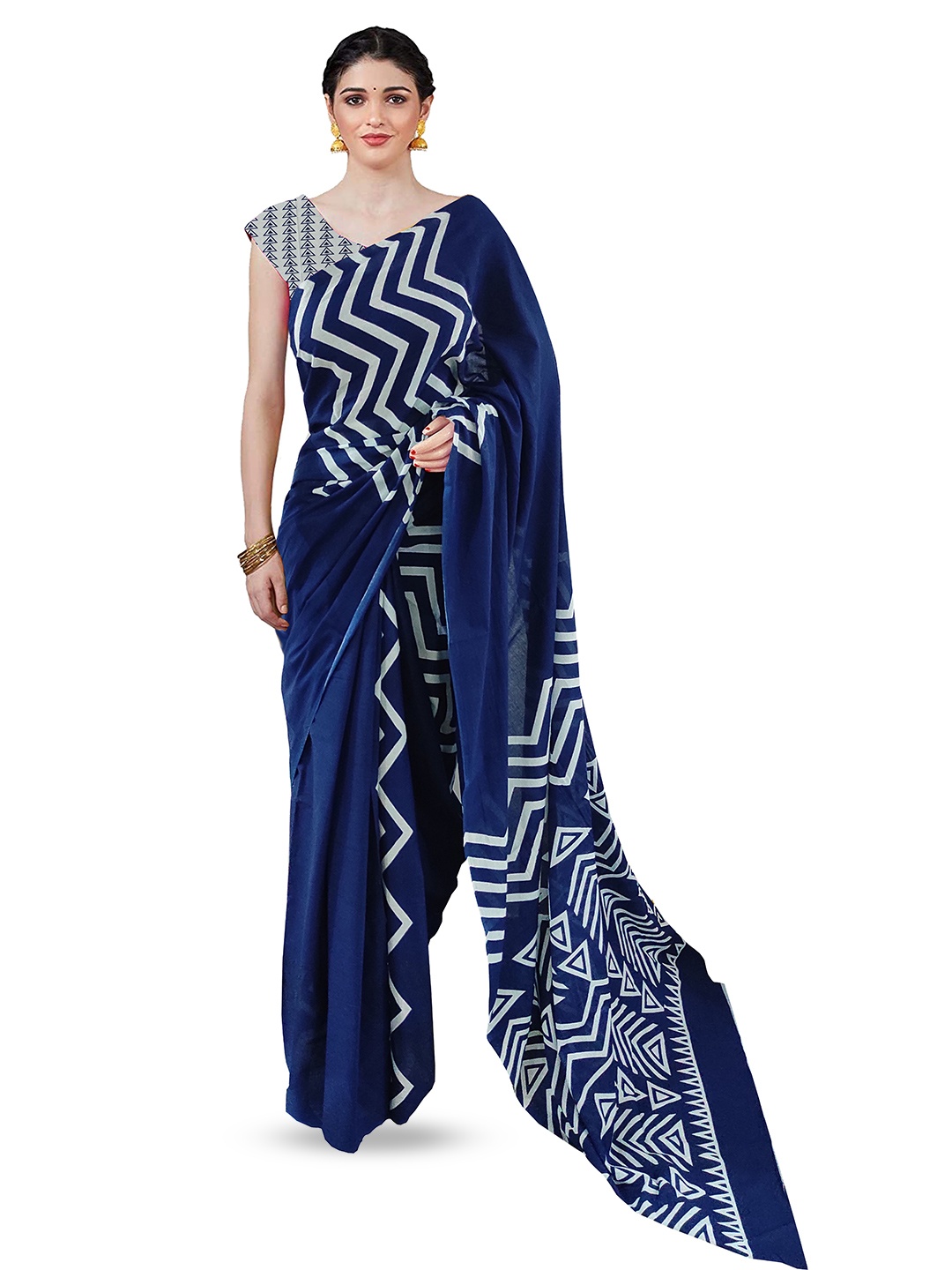 

JAIPURI PRINT Pure Cotton No Border Saree, Blue