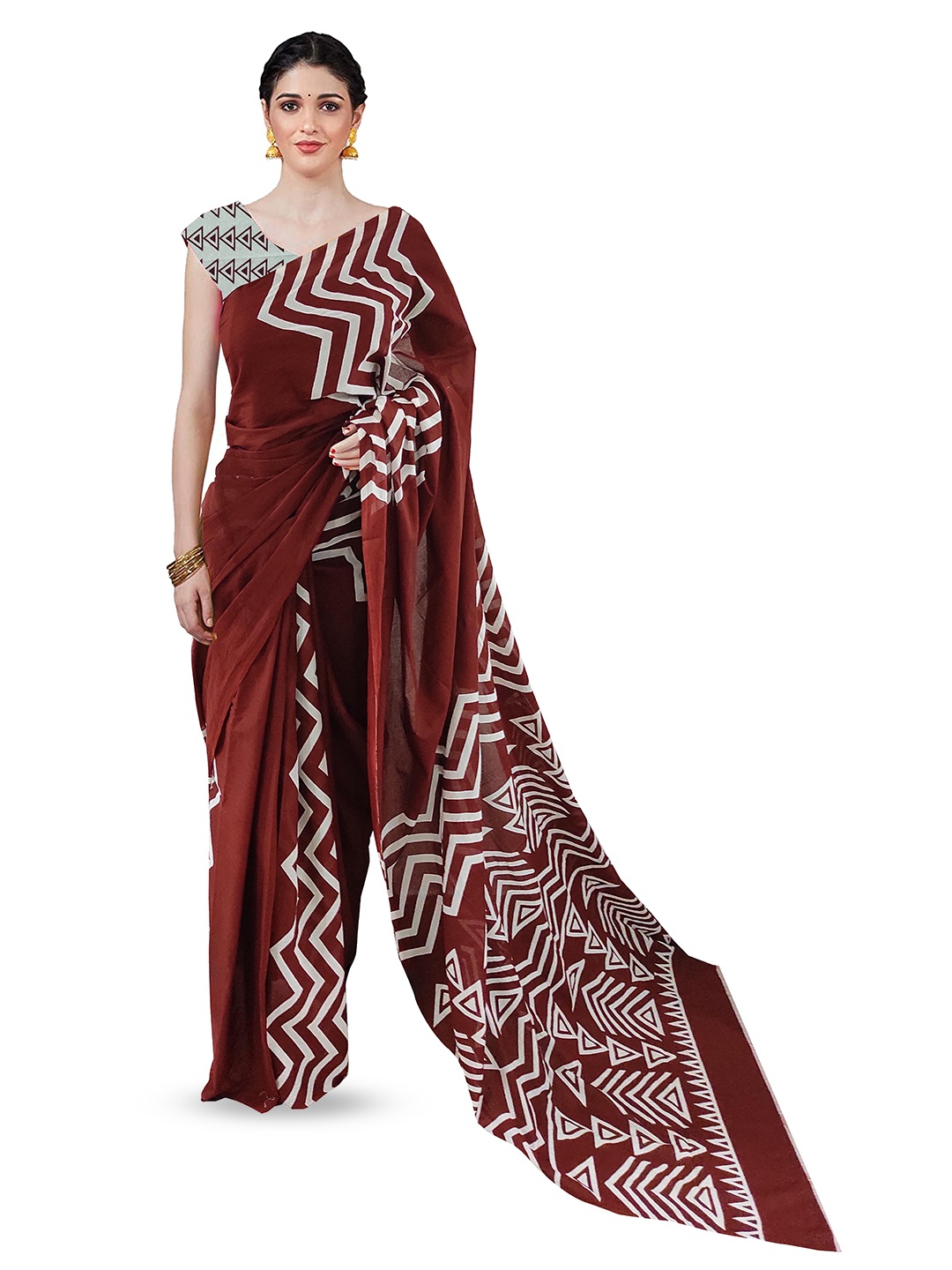 

JAIPURI PRINT Pure Cotton Block Print No Border Saree, Maroon