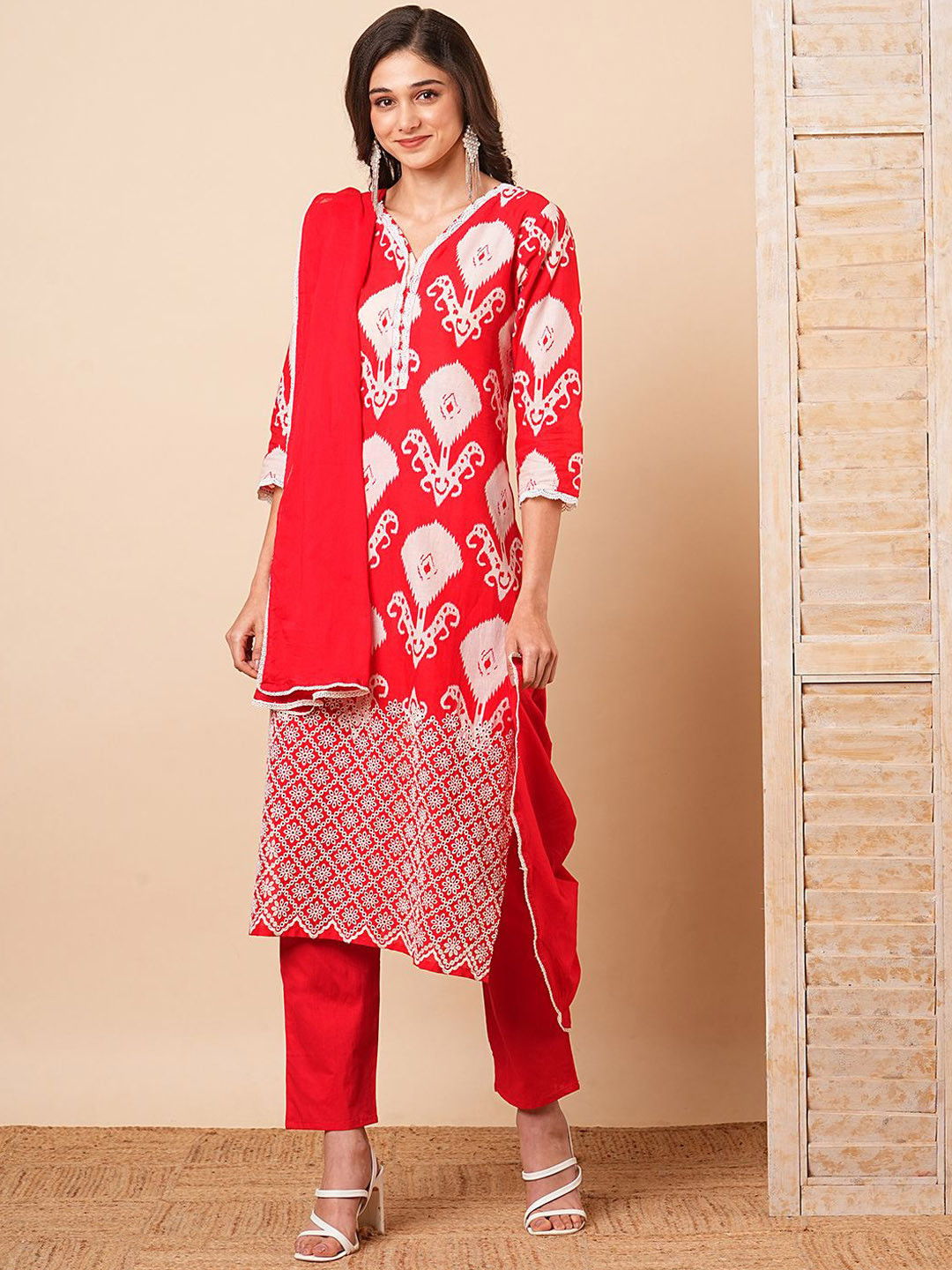 

FASHOR Ikat Embroidered Schiffli Pure Cotton Straight Kurta With Trousers & Dupatta, Red