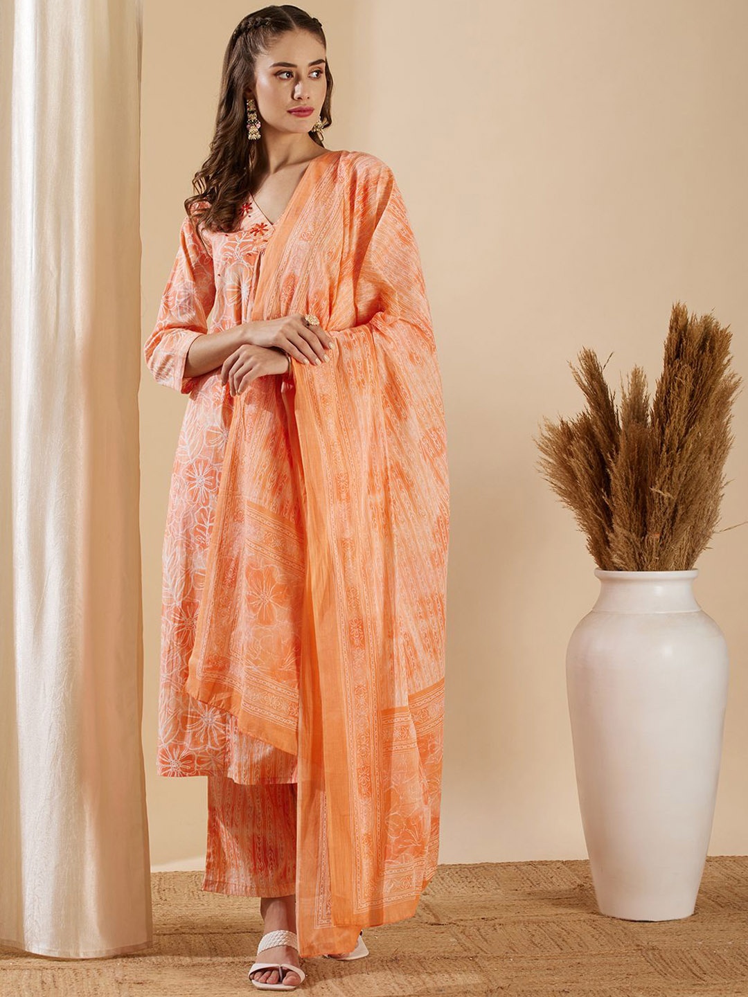 

FASHOR Floral Printed Empire Sequinned Pure Cotton A-Line Kurta With Trousers & Dupatta, Peach