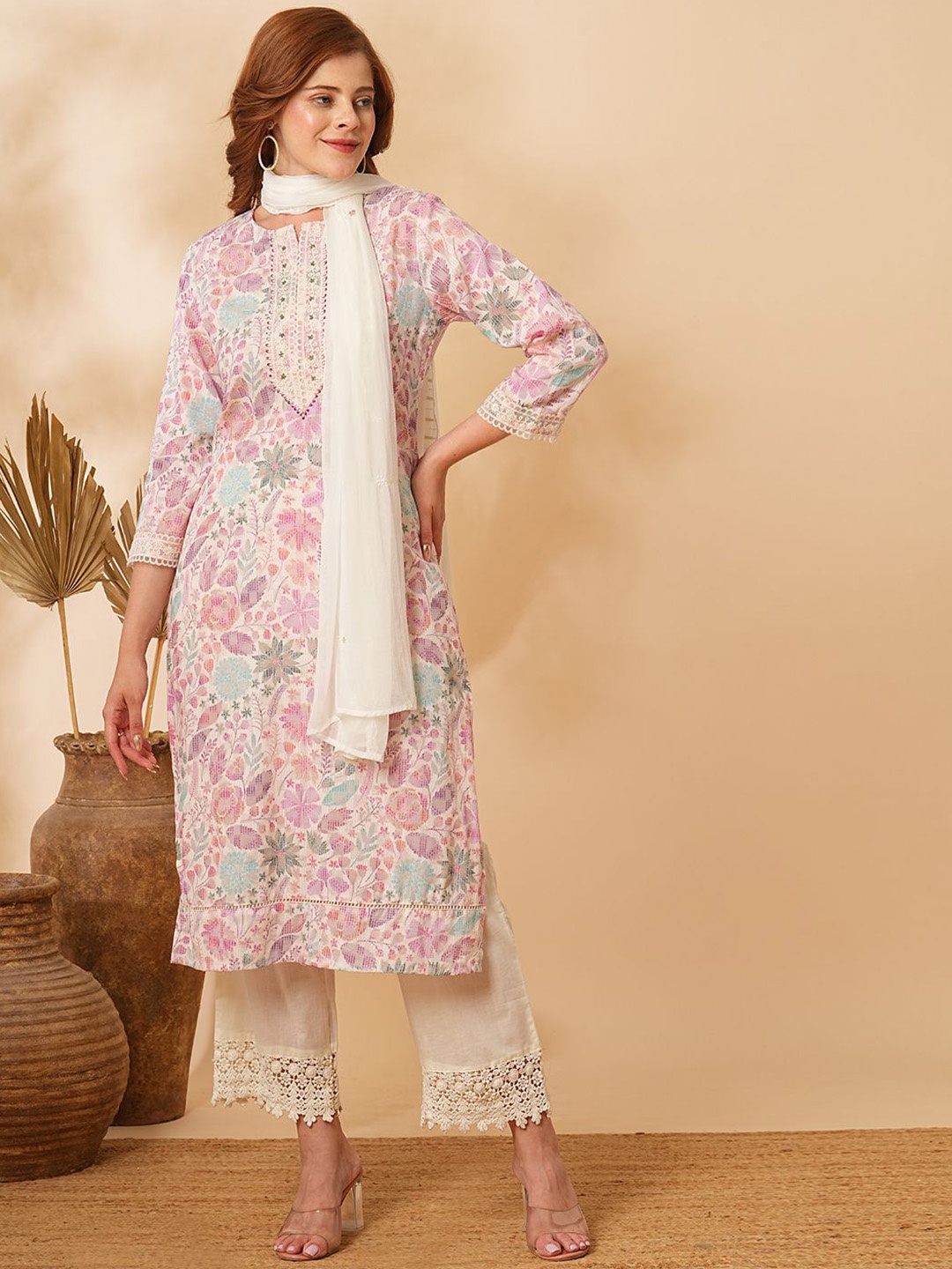 

FASHOR Floral Printed Regular Mirror Work Pure Cotton Kurta with Trousers & Dupatta, Off white