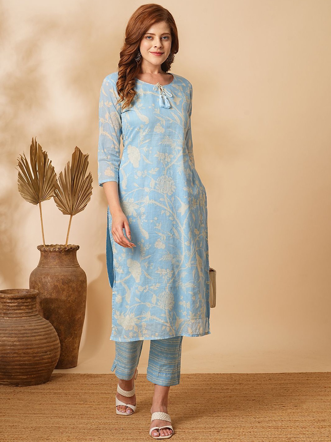 

FASHOR Women Floral Printed Regular Pure Cotton Kurta with Trousers, Blue