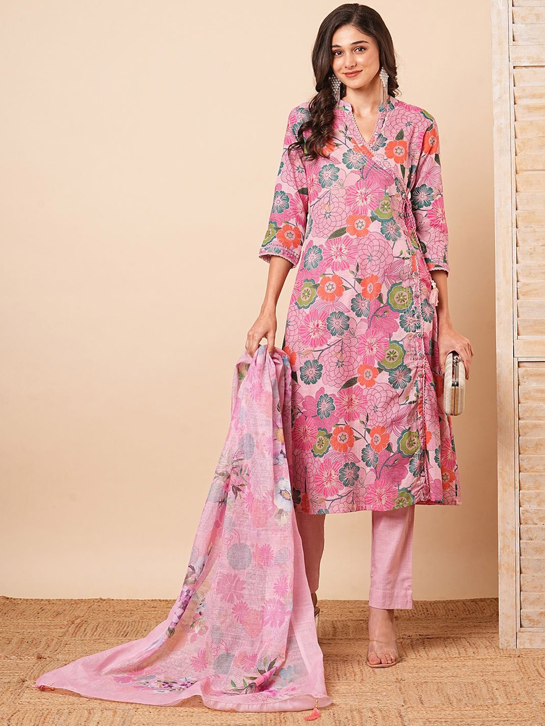 

FASHOR Floral Printed Pure Cotton Kurta with Trousers & Dupatta, Pink