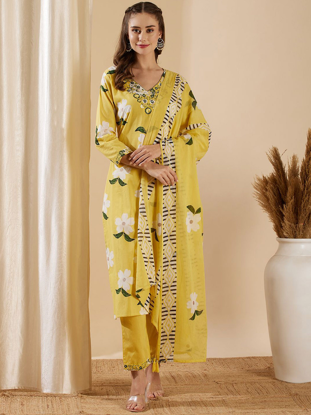 

FASHOR Floral Printed V-Neck Thread Work Pure Cotton Kurta with Trousers & With Dupatta, Yellow