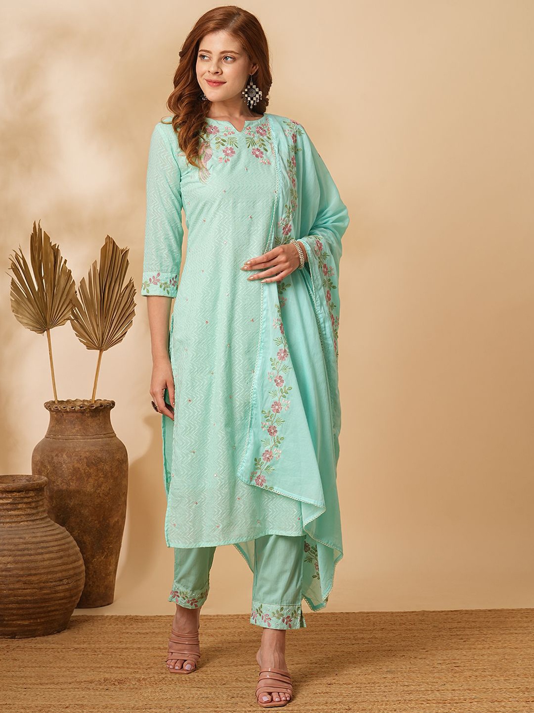 

FASHOR Floral Embroidered Pure Cotton Straight Kurta with Trousers & Dupatta, Turquoise blue