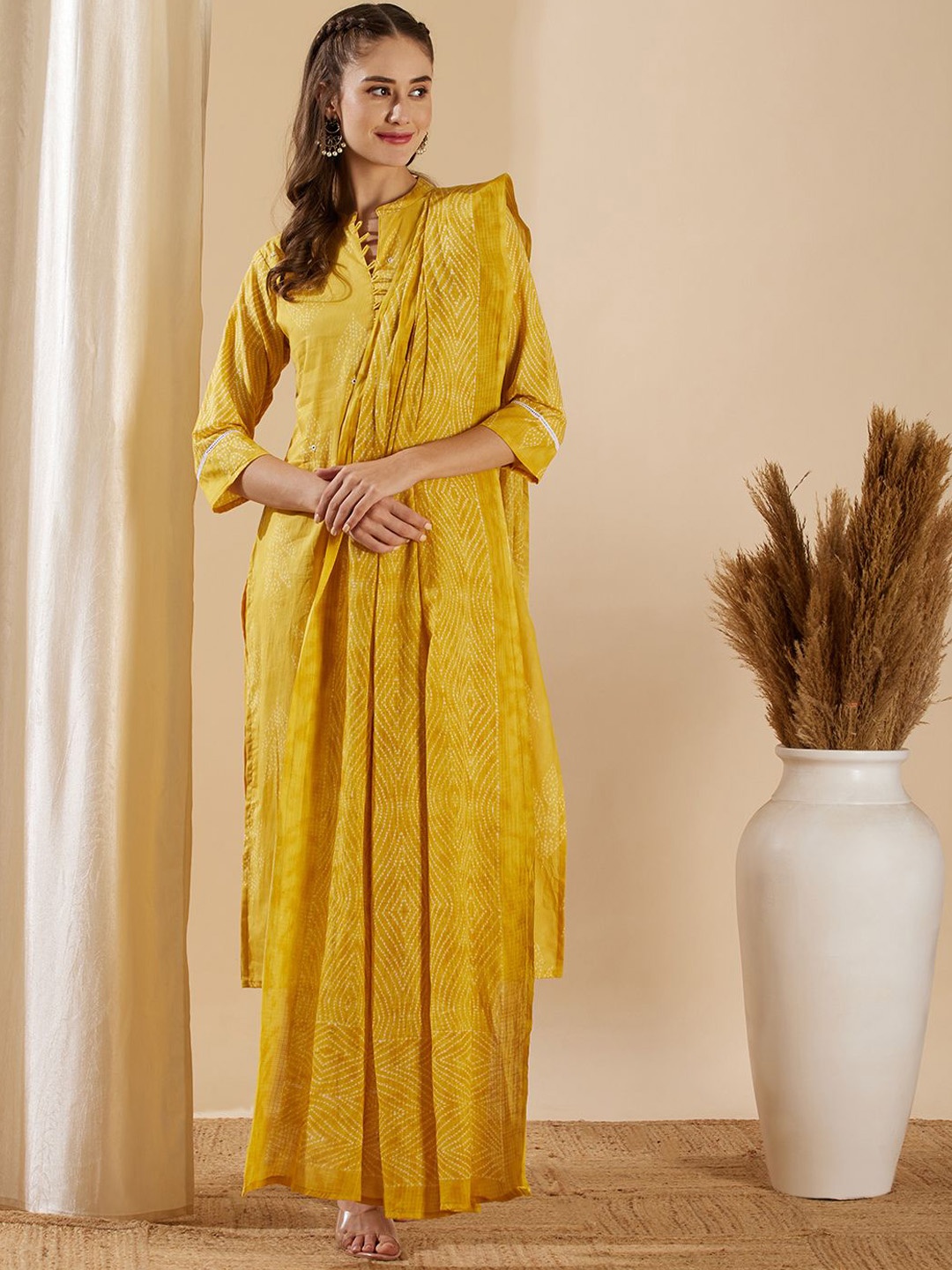 

FASHOR Floral Printed Mirror Work Pure Cotton Kurta with Trousers & Dupatta, Yellow