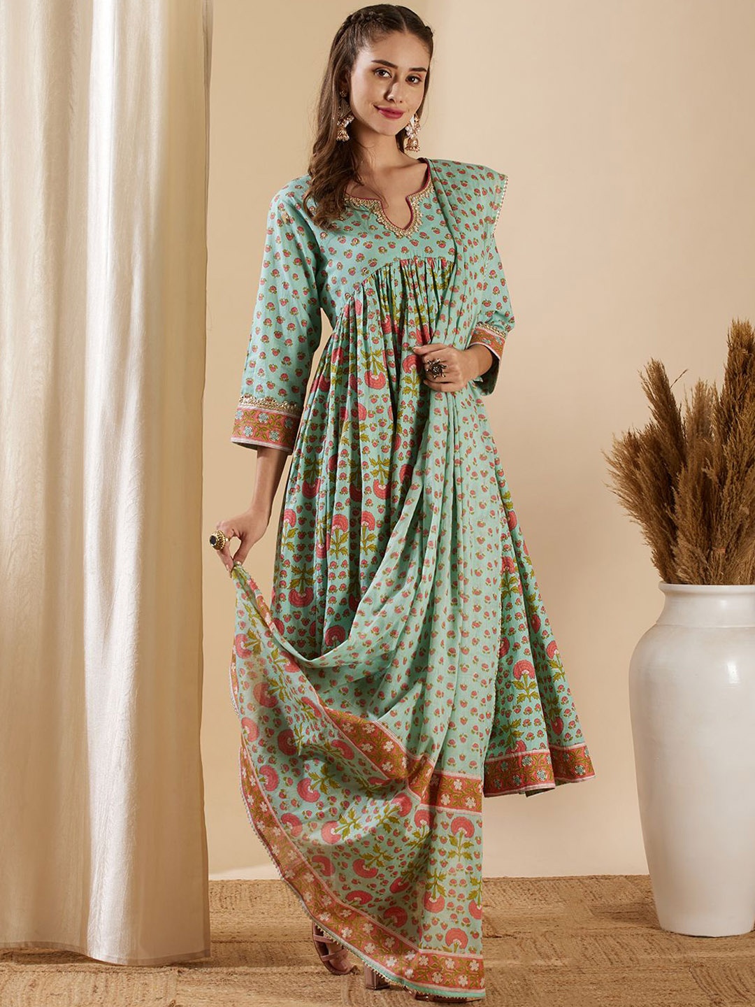 

FASHOR Floral Printed Gotta Patti Pure Cotton Anarkali Kurta With Palazzos & Dupatta, Green