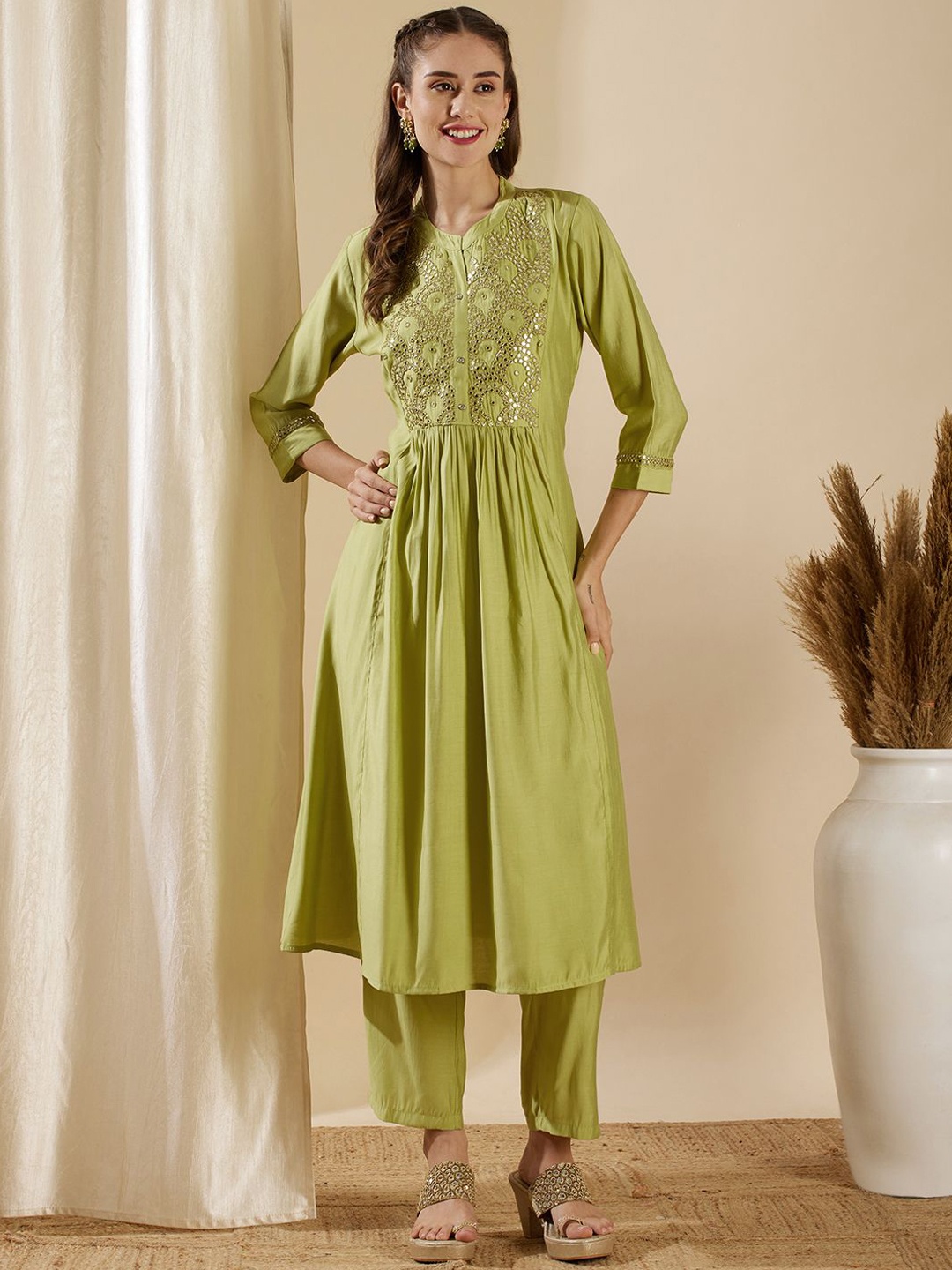 

FASHOR Floral Embroidered Band Collar A-Line Mirror Work Kurta with Trousers, Green