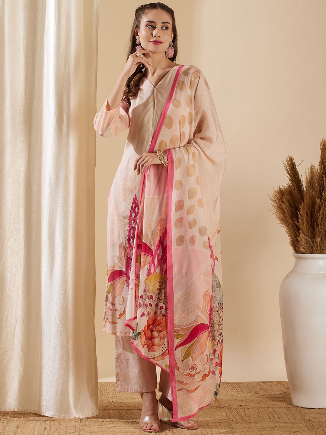 

FASHOR Floral Printed V-Neck Pure Cotton Straight Kurta With Trousers & Dupatta, Rose gold