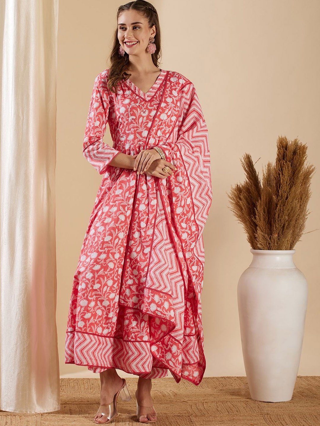 

FASHOR Floral Printed V-Neck Pure Cotton Anarkali Kurta With Trousers & Dupatta, Pink