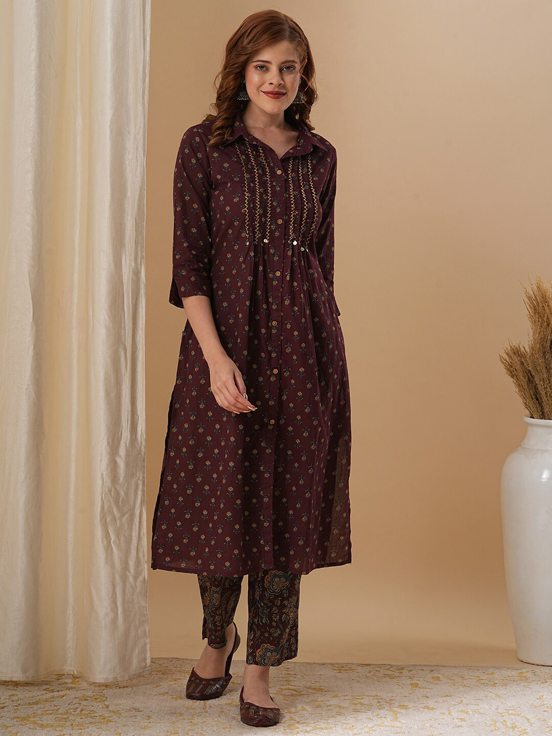 

FASHOR Floral Printed Shirt Collar Pure Cotton Straight Kurta with Trousers, Burgundy