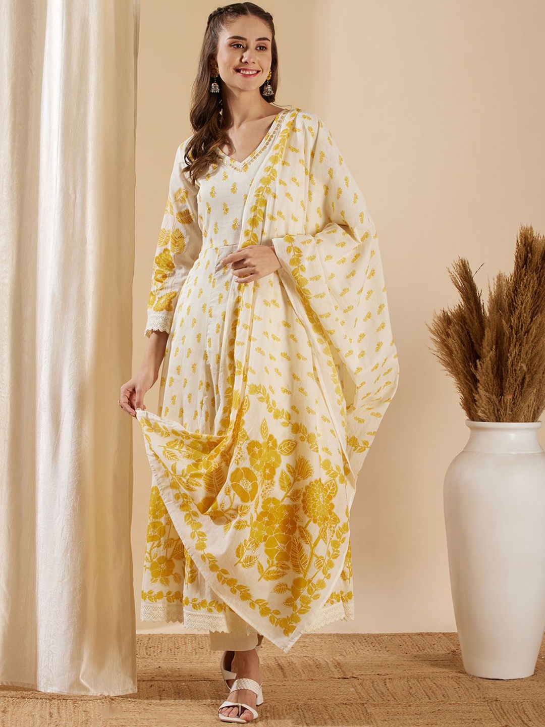 

FASHOR Floral Printed Anarkali Panelled Pure Cotton Kurta With Trousers & Dupatta, Cream