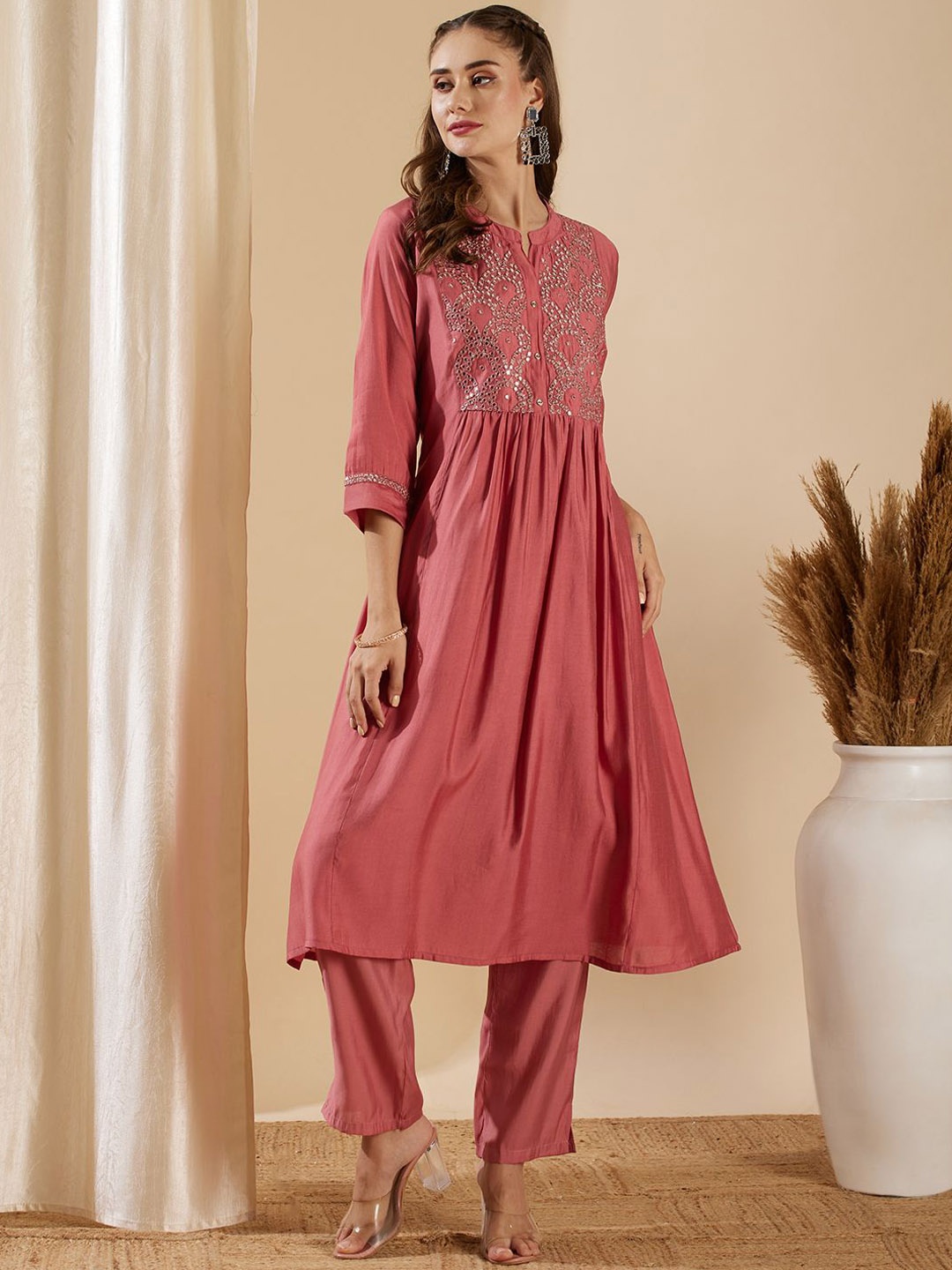 

FASHOR Floral Yoke Design A-Line Panelled Mirror Work Kurta with Trousers, Pink