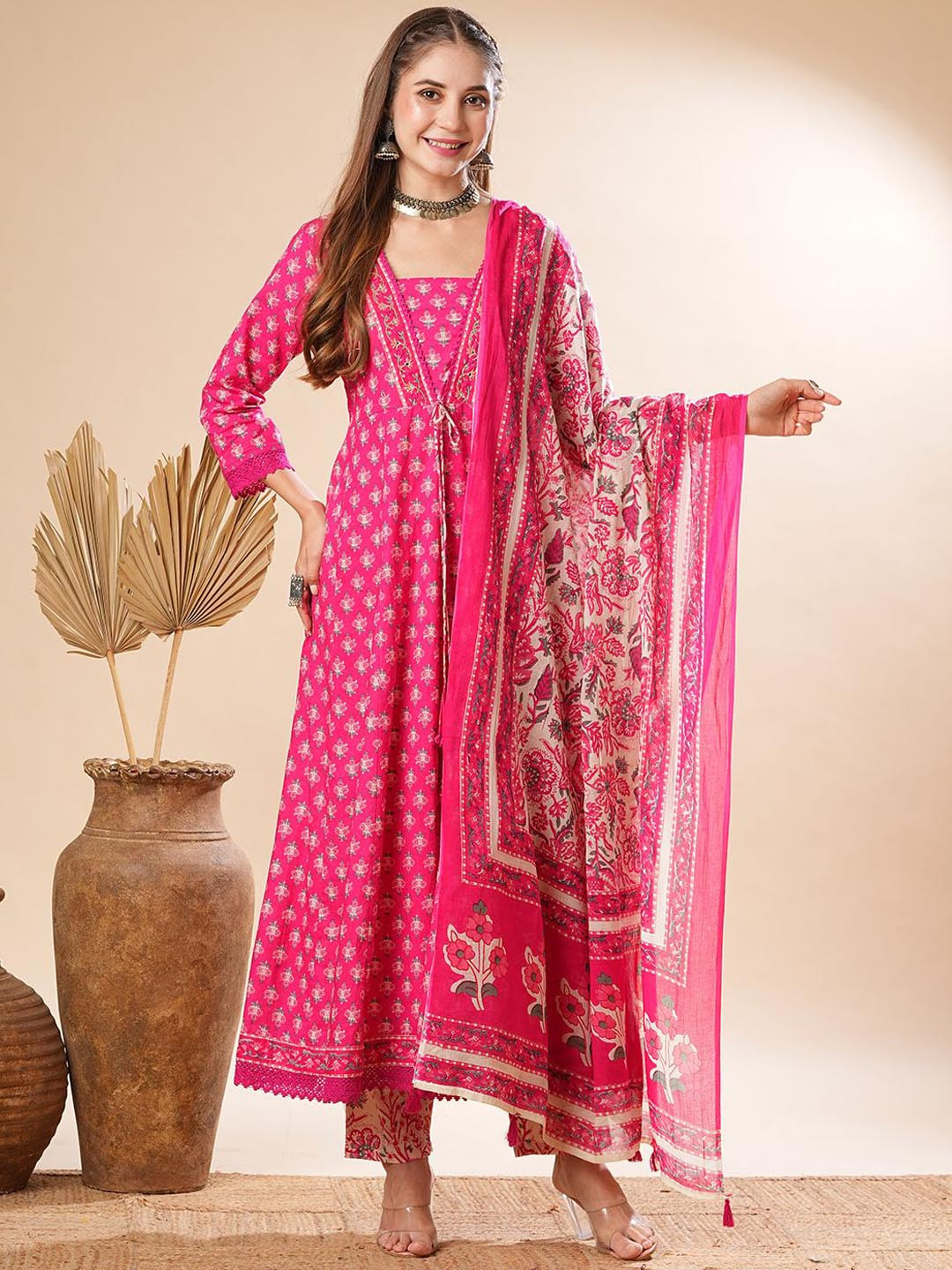 

FASHOR Floral Embroidered Mirror Work Pure Cotton Anarkali Kurta With Trousers & Dupatta, Pink