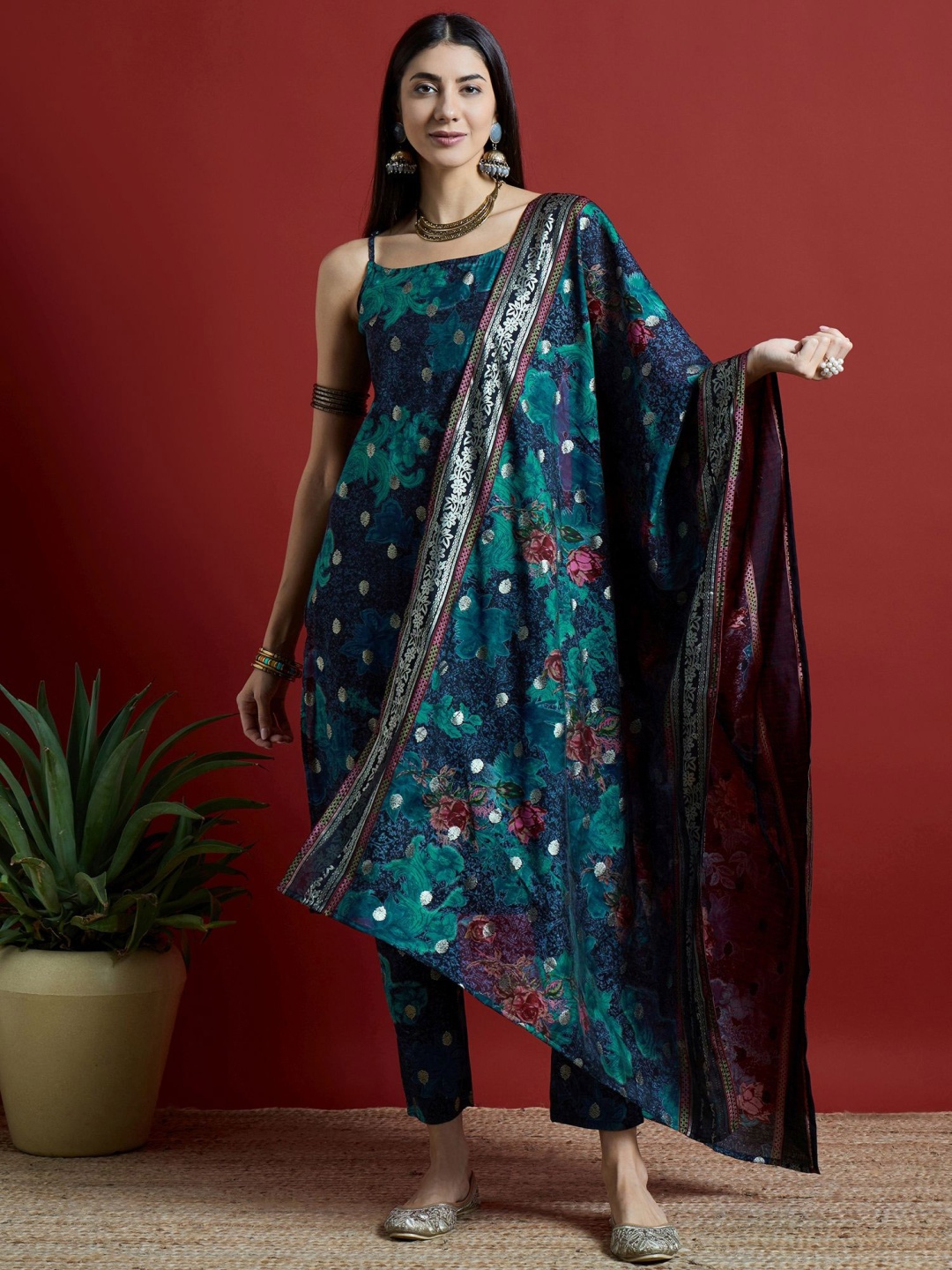 

Anouk Teal Blue Floral Printed Shoulder Straps Straight Kurta with Trousers & Dupatta