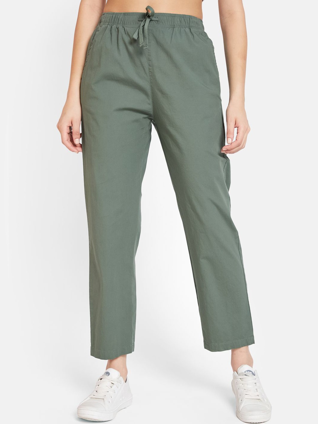 

METTLE Women Cotton Mid Rise Track Pants, Olive