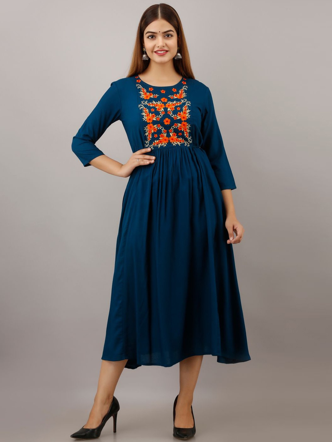 

Arudhi Round Neck Embroidered Fit & Flare Ethnic Dress, Blue