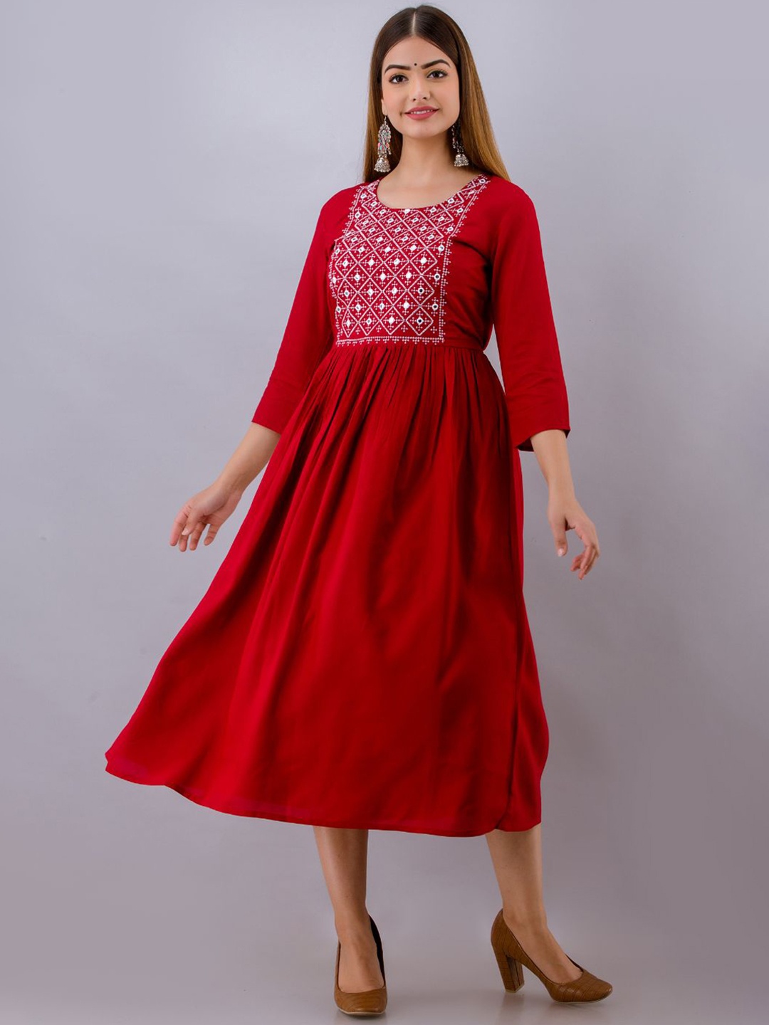 Arudhi Geometric Yoke Design Mirror Work Handloom A-line Kurta, Maroon