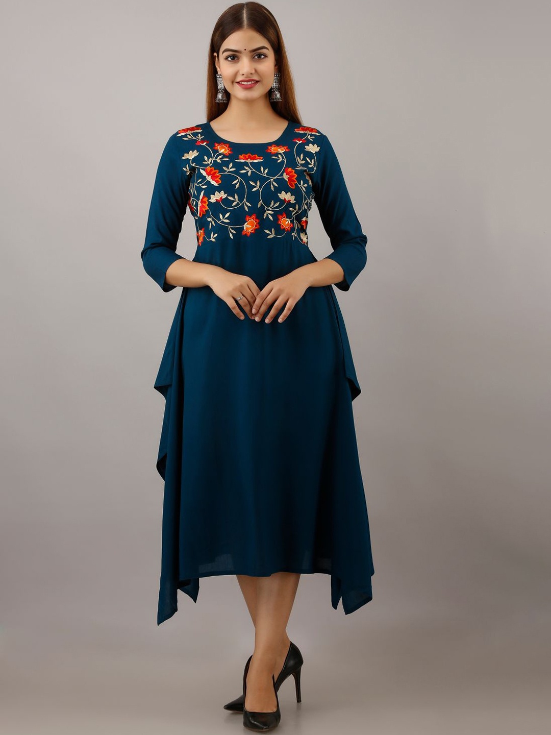 

Arudhi Floral Embroidered Thread Work Handloom A-line Ethnic Dresse, Blue