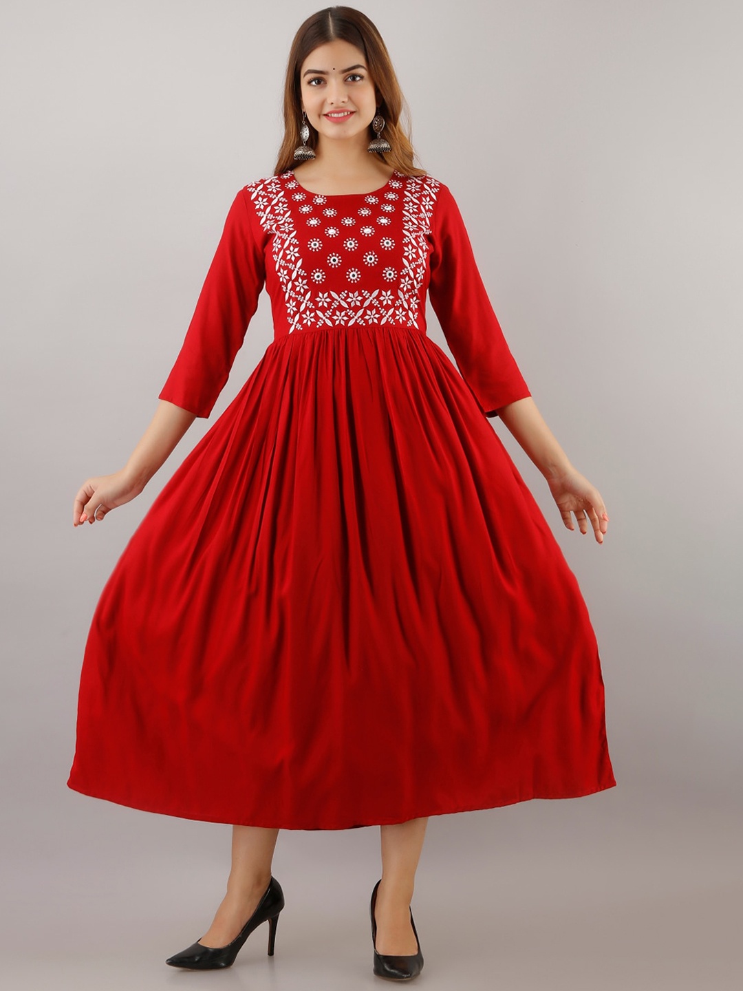 

Arudhi Geometric Embroidered Mirror Work Handloom A-line Kurta, Red
