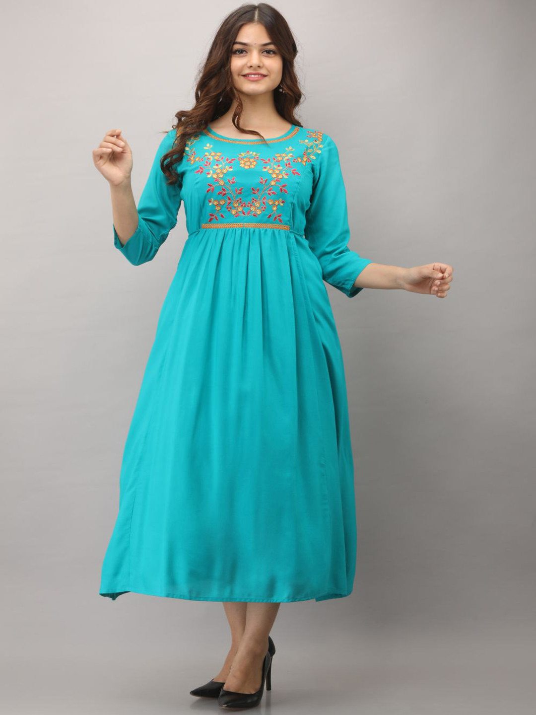 

Arudhi Floral Embroidered Thread Work Handloom A-line Kurta, Turquoise blue