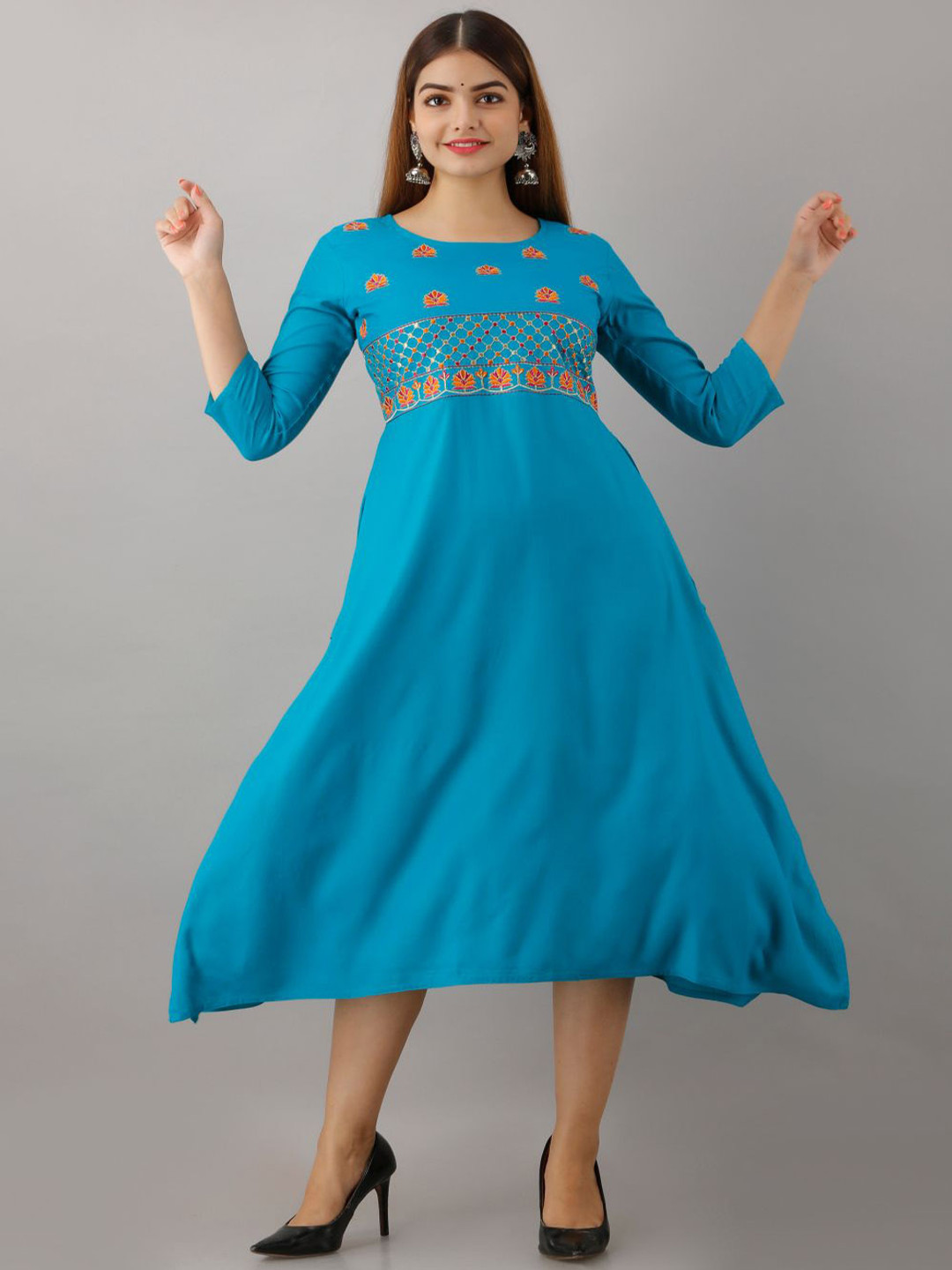 

Arudhi Floral Embroidered Thread Work Handloom A-line Ethnic Dresses, Turquoise blue