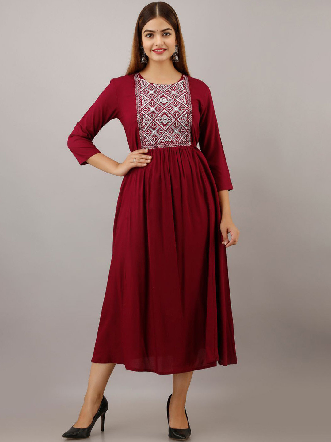 

Arudhi Ethnic Motifs Embroidered Mirror Work Handloom A-line Kurta, Maroon