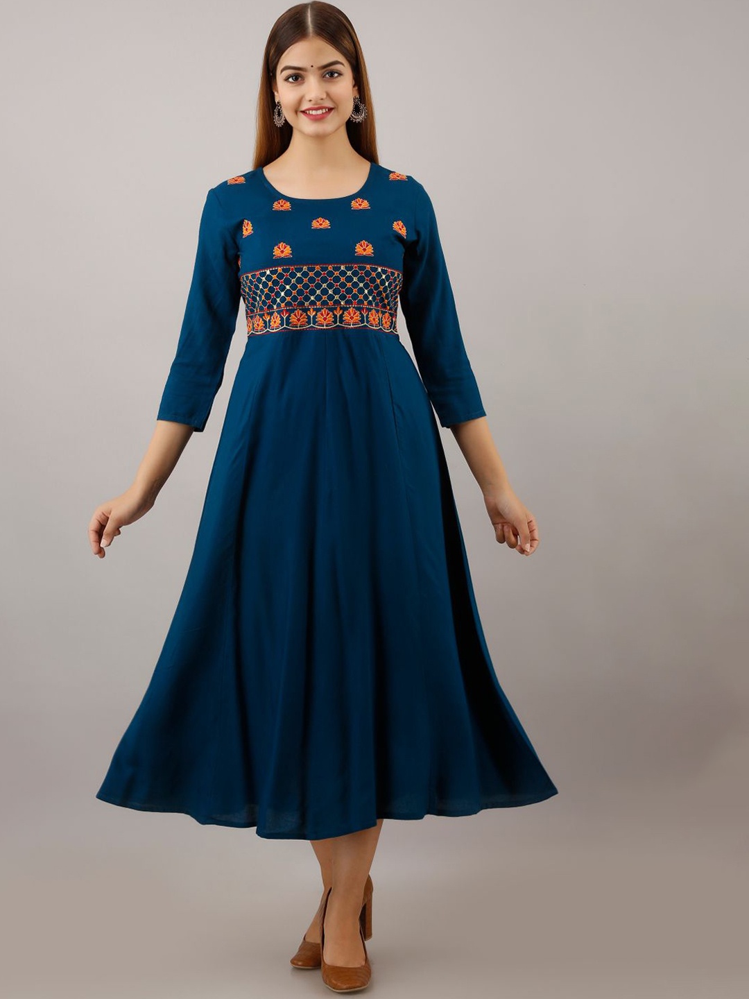 

Arudhi Floral Embroidered Round Neck Midi Fit & Flare Ethnic Dresses, Blue
