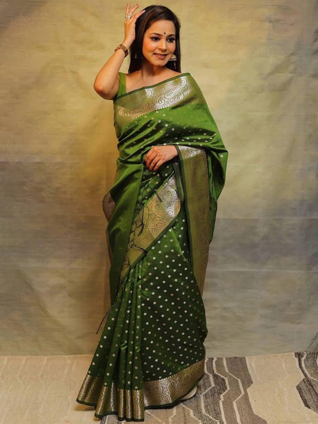 

S.K.C Ethnic Motifs Printed Zari Pure Silk Banarasi Saree, Green