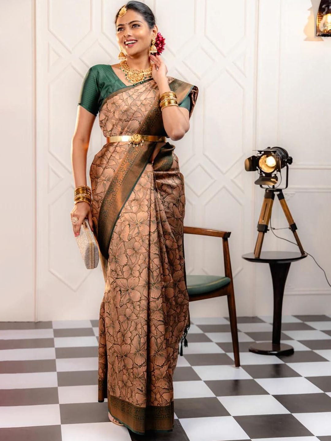 

S.K.C Floral Printed Zari Jacquard Banarasi Saree, Cream