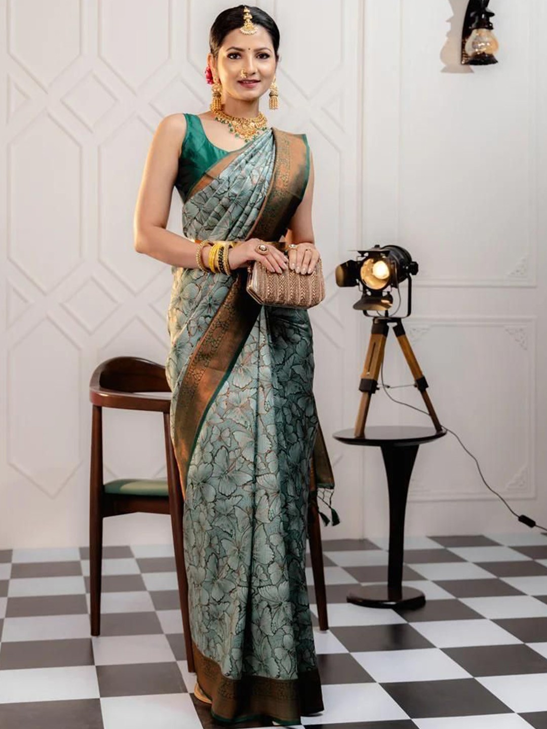 

S.K.C Floral Printed Zari Jacquard Banarasi Saree, Green