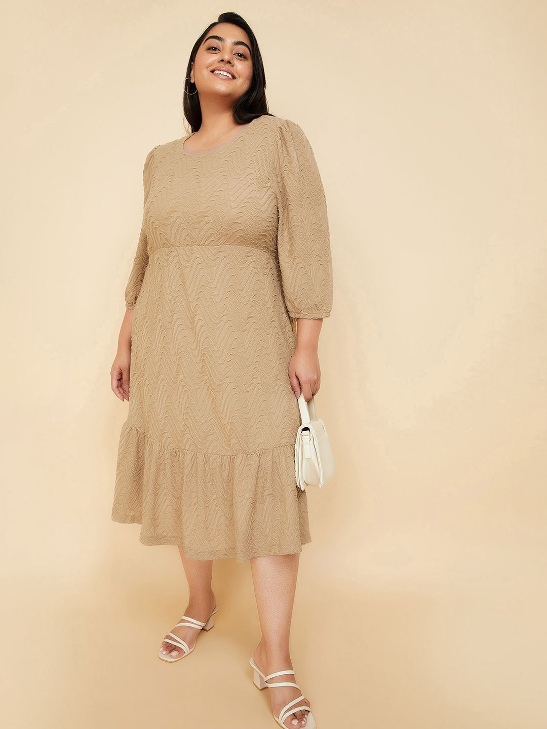 

max Plus Size Puff Sleeve A-Line Midi Dress, Brown