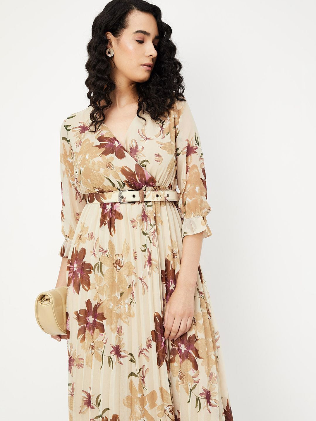 

max Floral Print Fit and Flare Midi Belted Dress, Beige