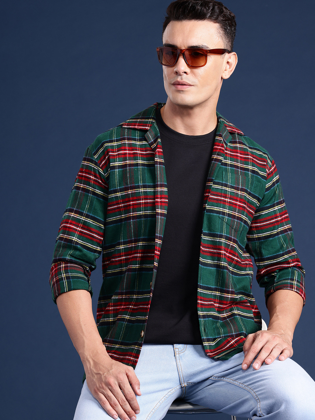 

Hancock Men Checked Cuban Collar Relaxed Fit Pure Cotton Casual Shacket, Red