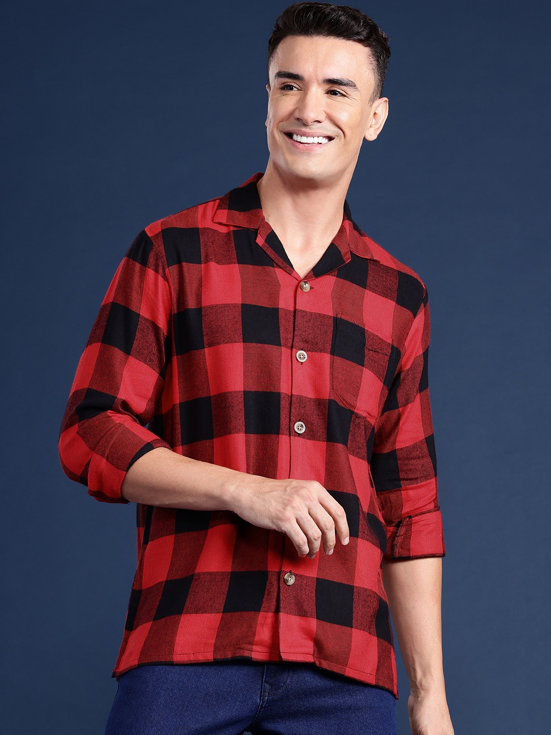 

Hancock Men Checked Cuban Collar Relaxed Fit Pure Cotton Casual Shacket, Red