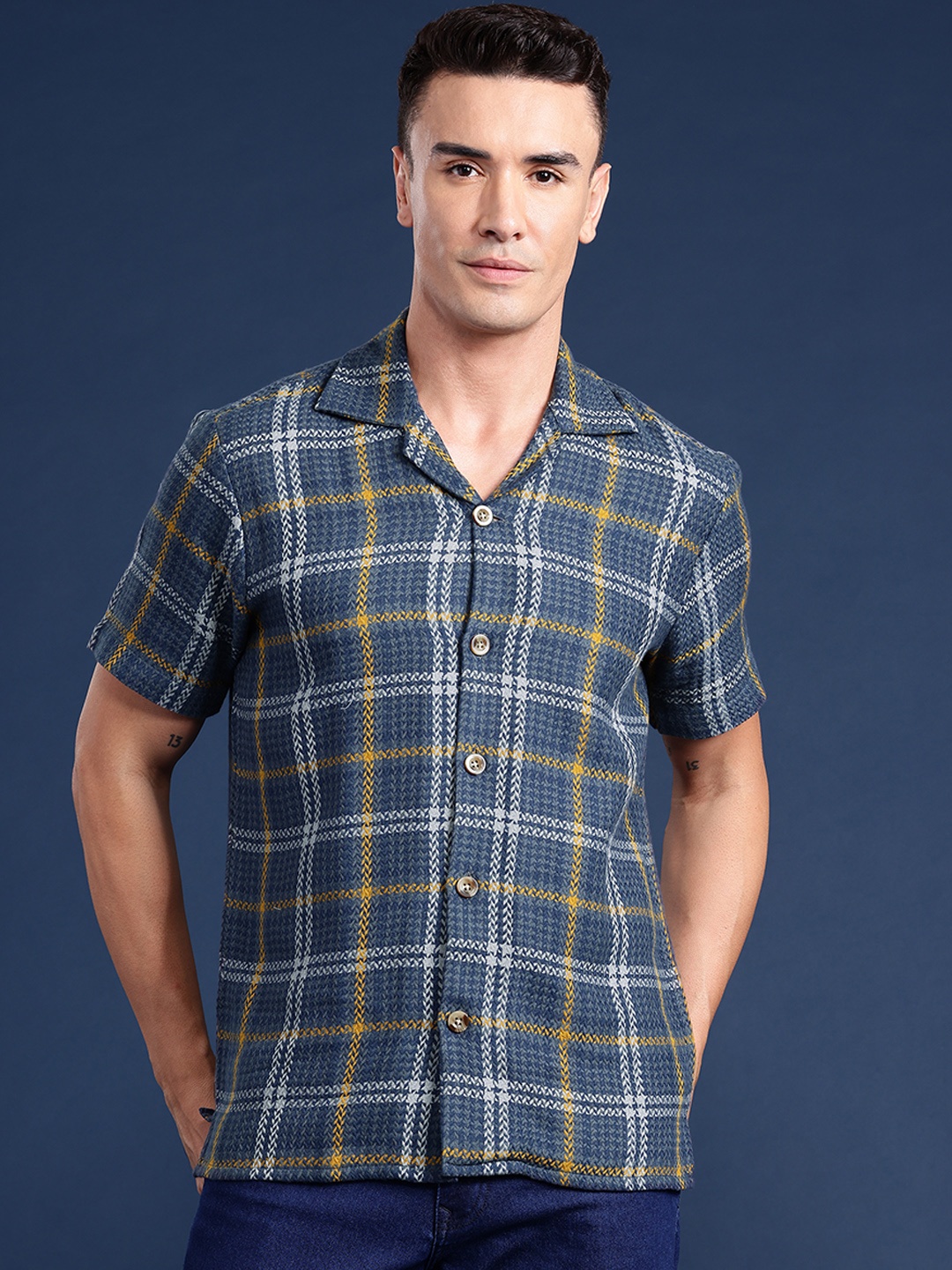 

Hancock Relaxed Fit Checked Cuban Collar Pure Cotton Casual Shirt, Grey